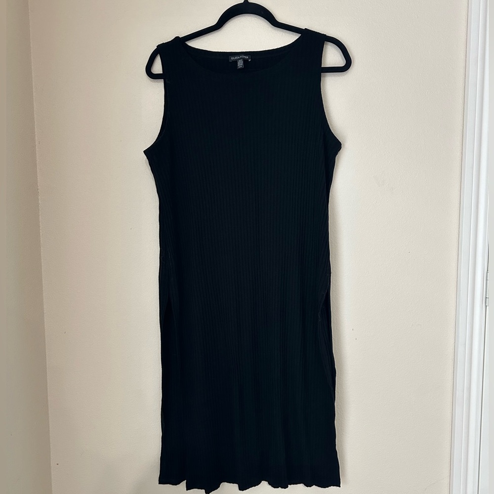 EILEEN FISHER Dress Kaftan Tunic Black Ribbed Knit High Side Slits Size Small